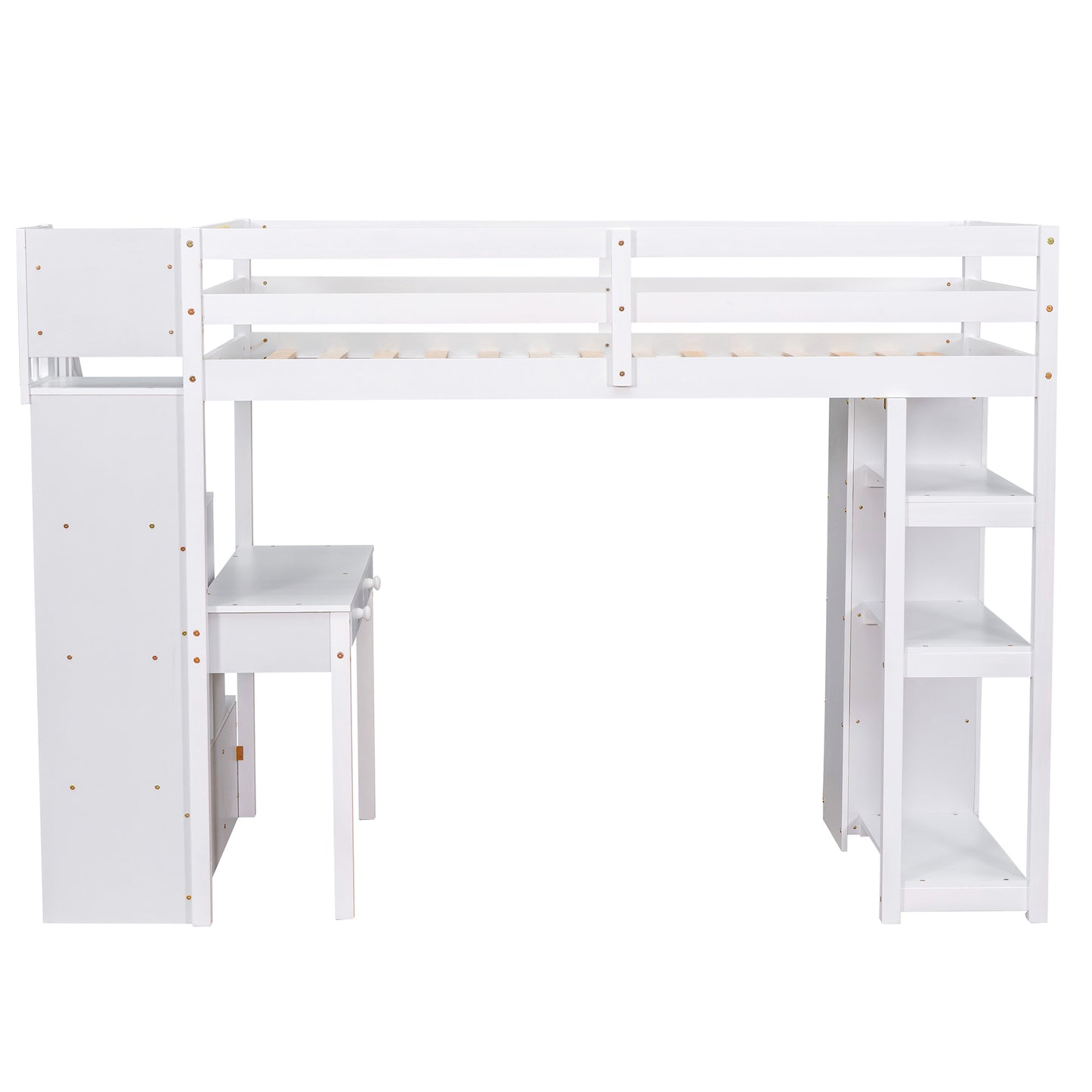 Twin size Loft Bed with Storage Drawers ,Desk and Stairs, Wooden Loft Bed with Shelves - White