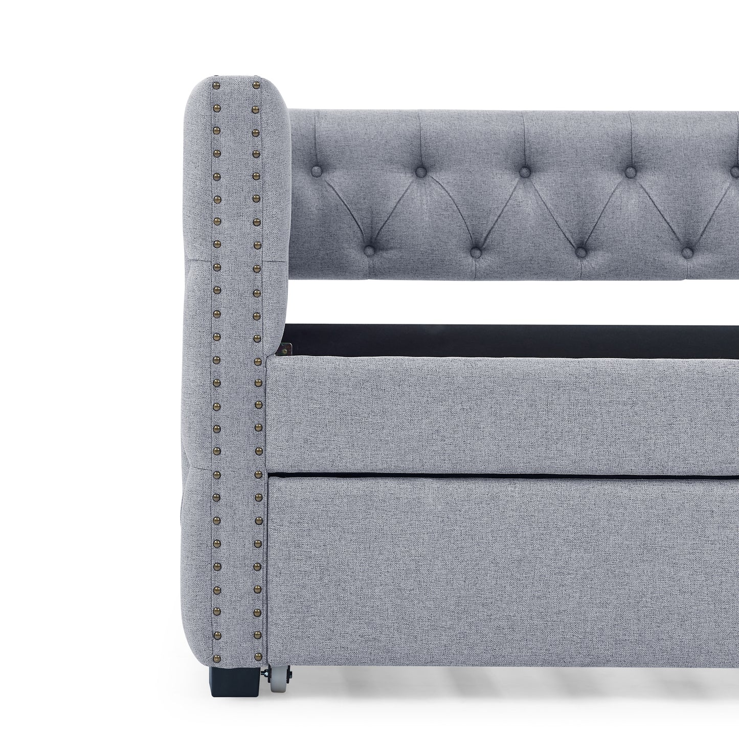 Twin Daybed with Trundle Upholstered Tufted Sofa Bed, with Button and Copper Nail on Square Arms,Grey