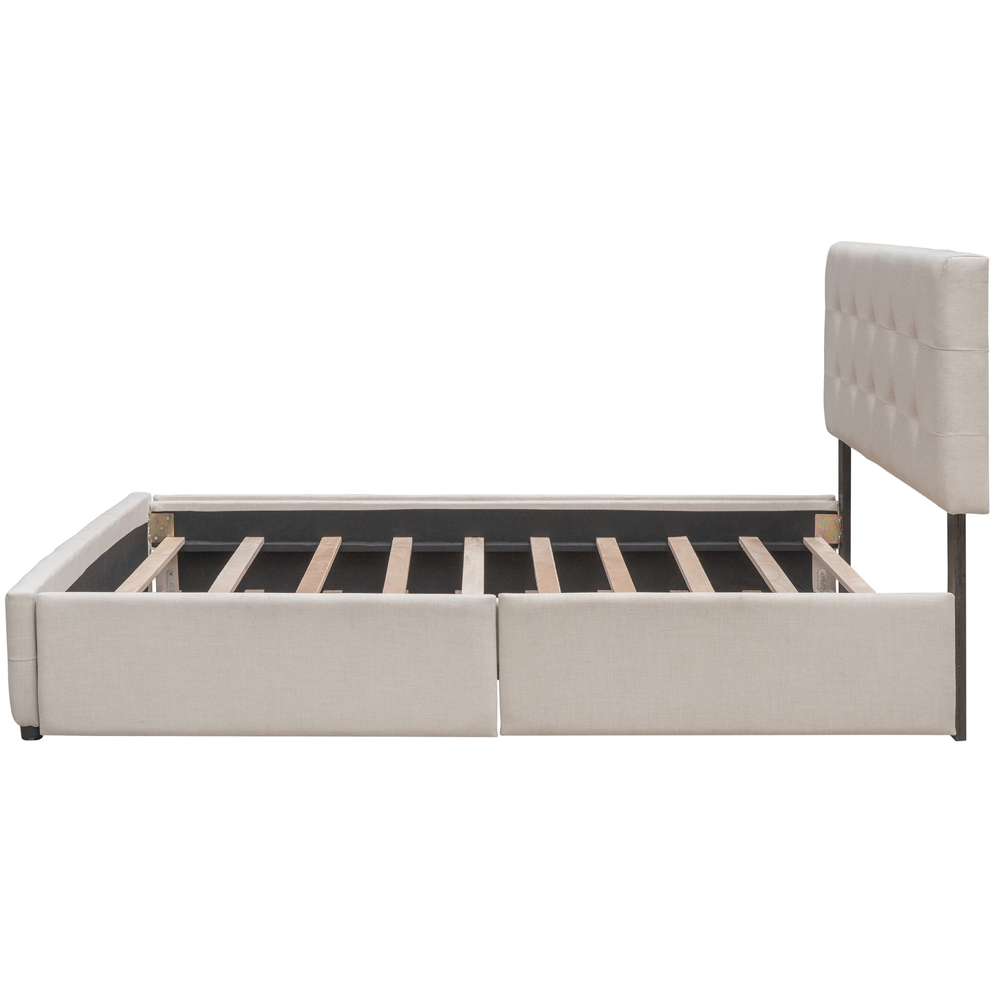 Upholstered Platform Bed with 2 Drawers and 1 Twin XL Trundle,  Linen Fabric, Queen Size - Dark Beige