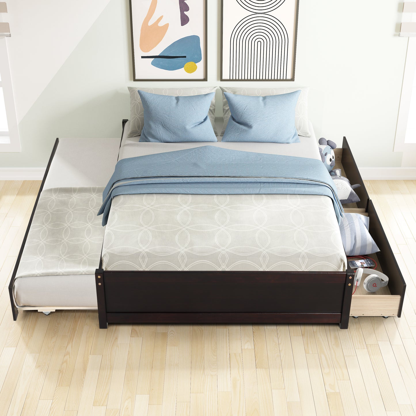FULL PLATFORM BED WITH TWIN SIZE TRUNDLE AND TWO DRAWERS - ESPRESSO