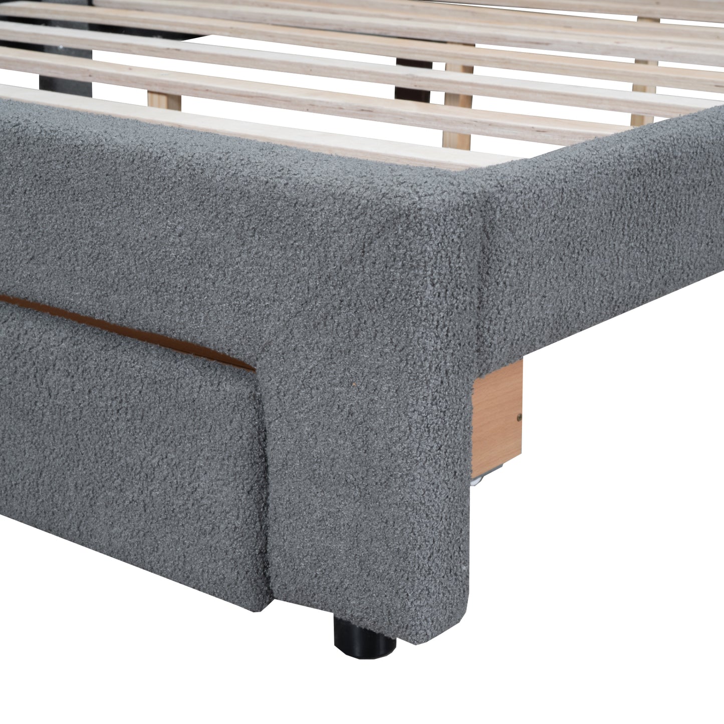Teddy Fleece Queen Size Upholstered Platform Bed with Drawer, Gray