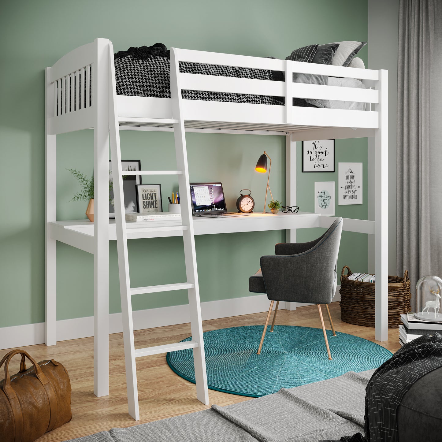 Yes4Wood Everest White High Loft Bed with Desk and Storage, Space Saver Full Size Kids Loft Bed with Stairs for Toddlers Assembled in Sturdy Solid Wood, No Box Spring Needed