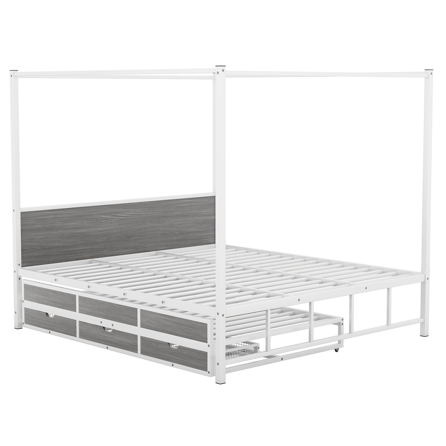 Queen Size Metal Canopy Platform Bed with Twin Size Trundle and 3 Storage Drawers, White