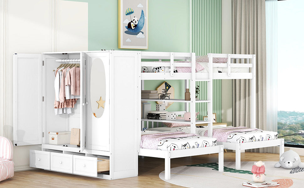 Full-Over-Twin-Twin Bunk Bed with Shelves, Wardrobe and Mirror, White