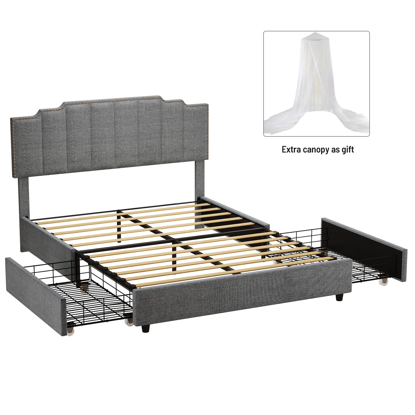 Queen Size Upholstered Platform Bed Linen Bed Frame with 2 Drawers Stitched Padded Headboard with Rivets Design Strong Bed Slats System No Box Spring Needed Grey