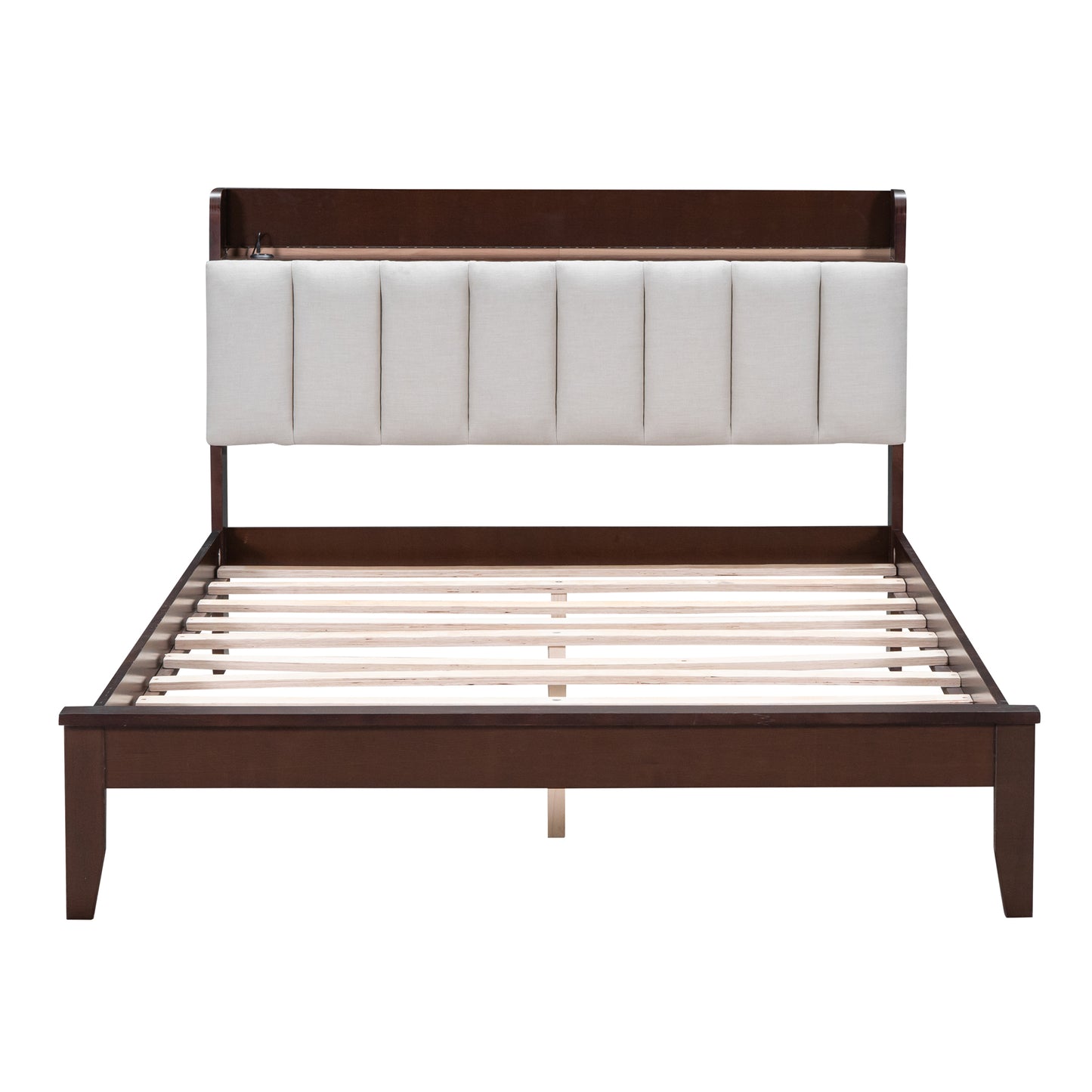 Full size Platform Bed with USB Charging Station and Storage Upholstered Headboard,LED Bed Frame,No Box Spring Needed,Walnut+Beige