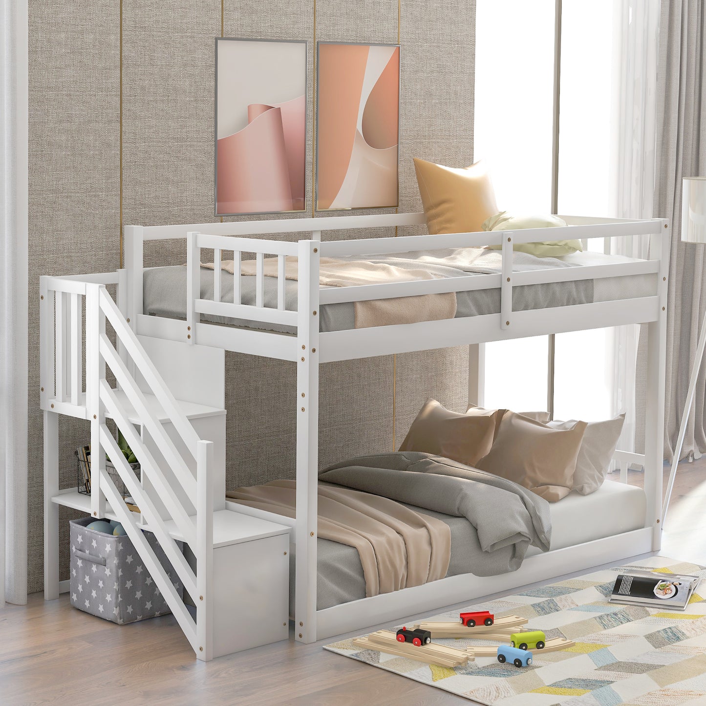 Twin over Twin Floor Bunk Bed, Ladder with Storage, White