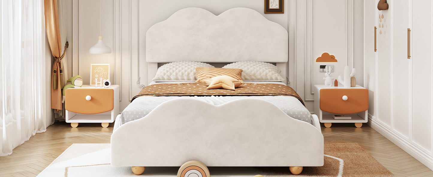 Full Size Upholstered Platform Bed with Cloud Shaped bed board, Beige
