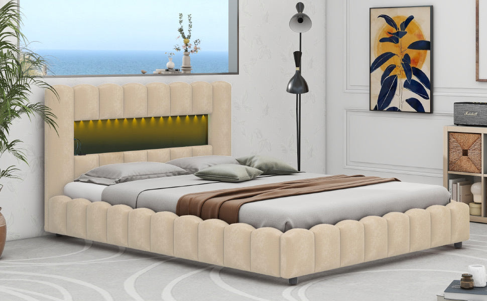 Queen Size Upholstered Platform Bed with LED Headboard and USB, Beige