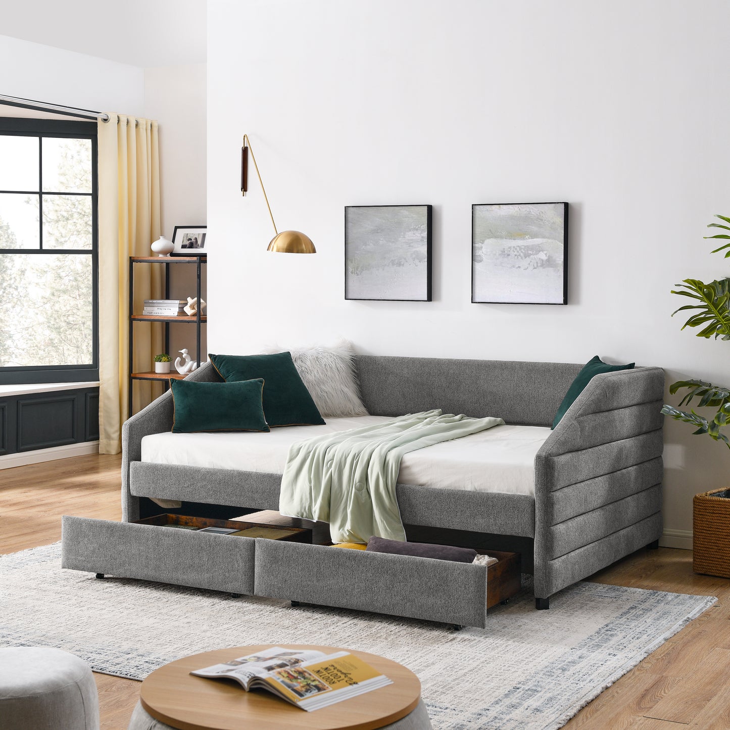 Full Size Upholstered Tufted Daybed with Two Drawers, Linen Fabric, Grey (82.5"x58"x34")