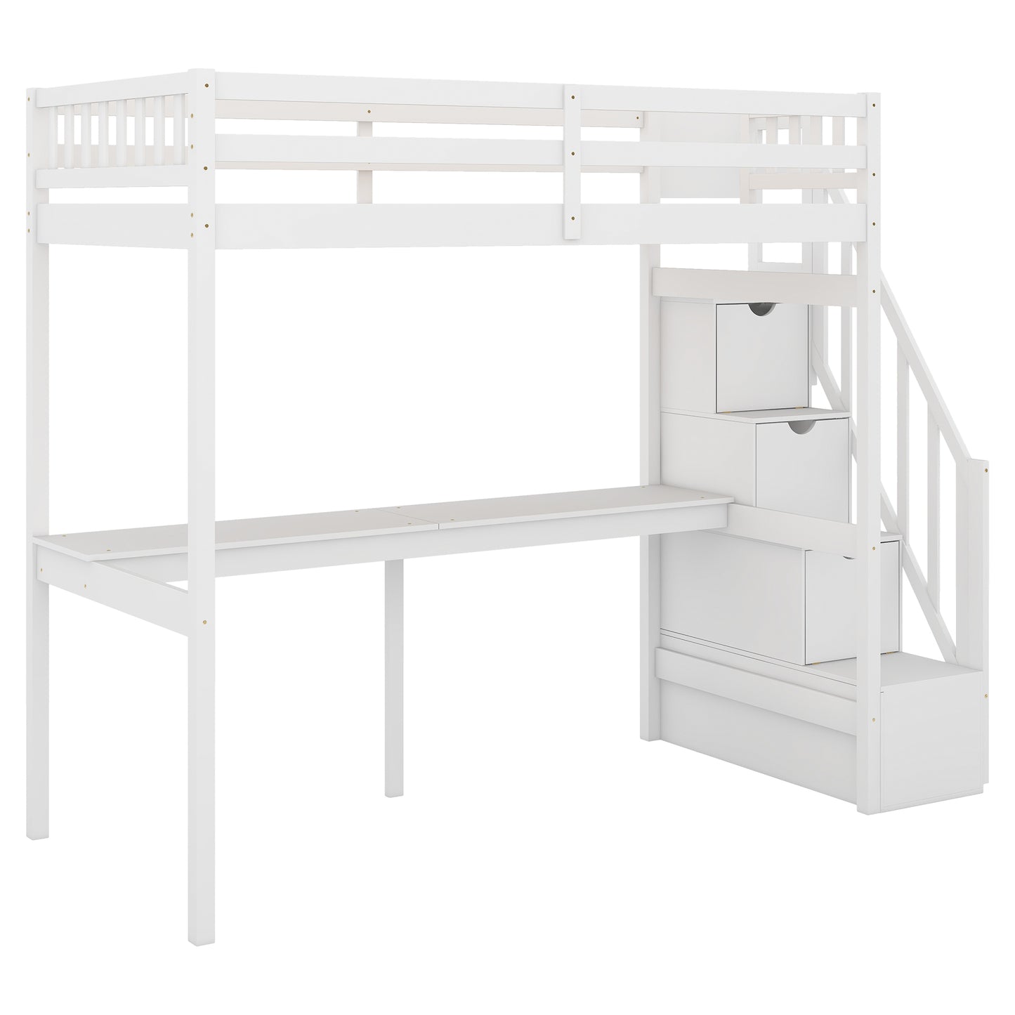 Twin Size Loft Bed with Storage Staircase and Built-in Desk, White