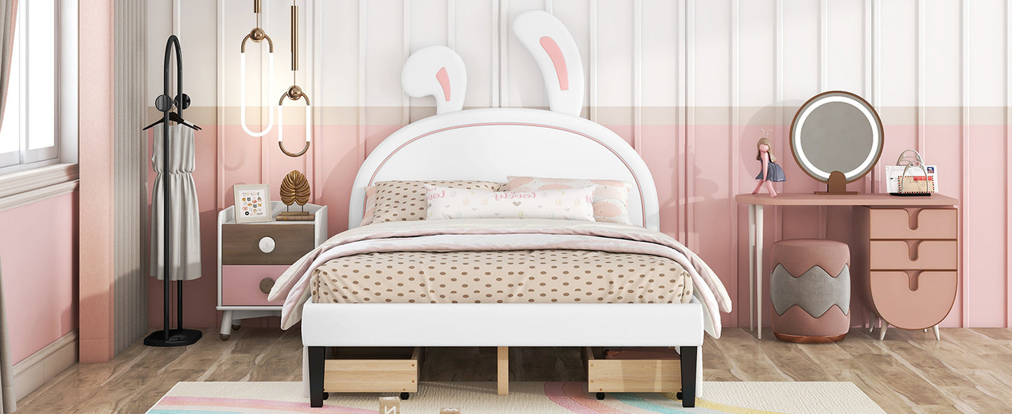 Full Size Upholstered Leather Platform Bed with Rabbit Ornament and 4 Drawers, White