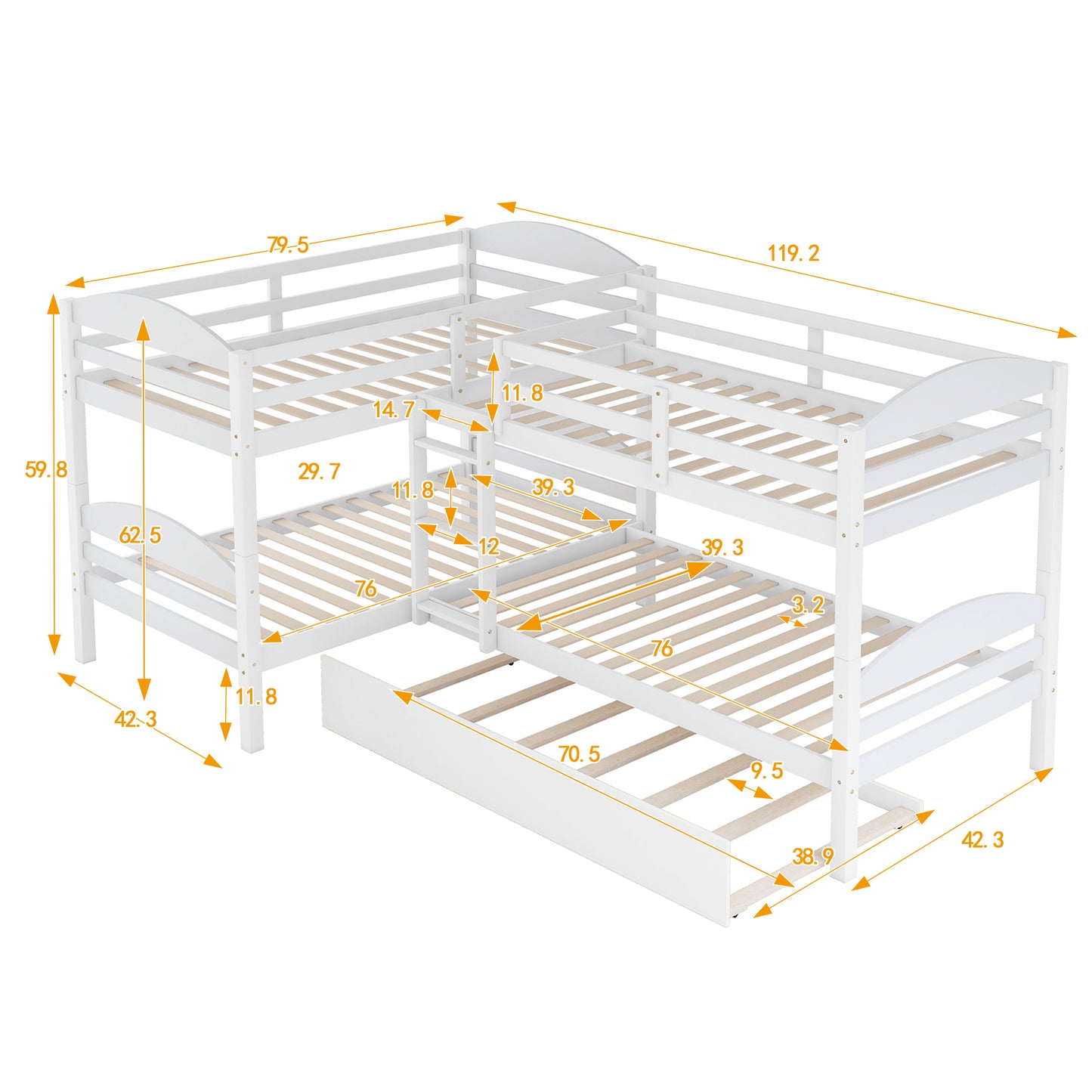 Twin L-Shaped Bunk bed with Trundle-White