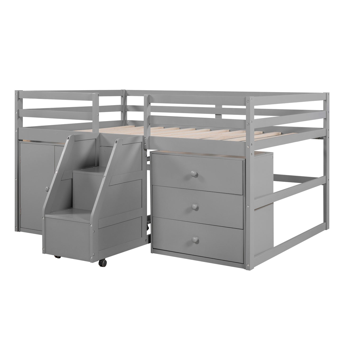 Full Size Functional Loft Bed with Cabinets and Drawers, Hanging Clothes at the back of the Staircase, Gray