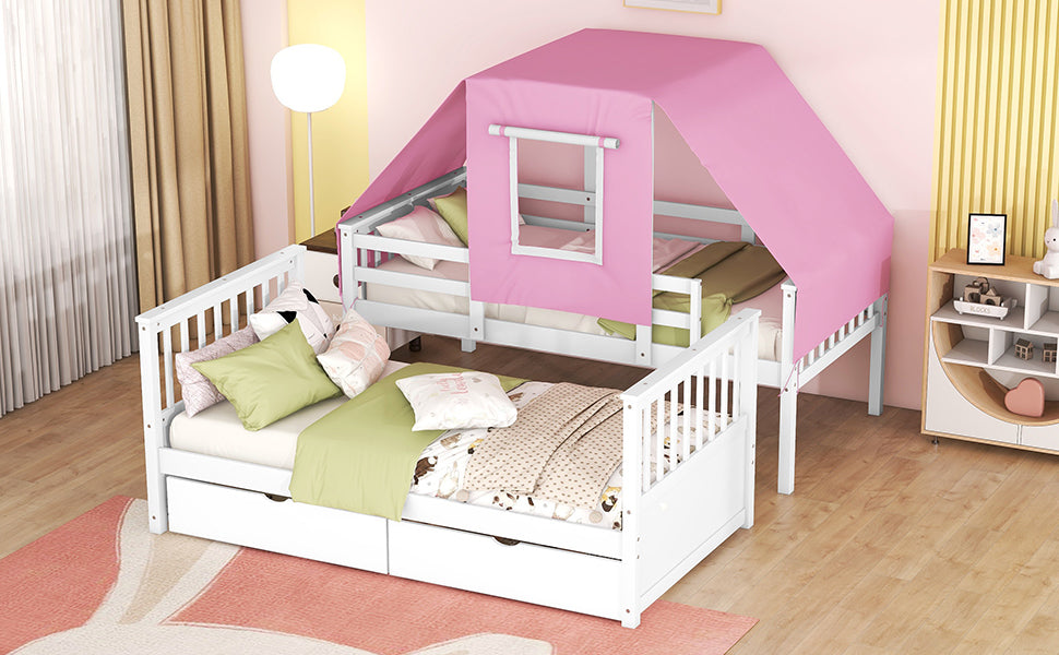 Twin Over Twin Bunk Bed Wood Bed with Tent and Drawers, White+Pink Tent