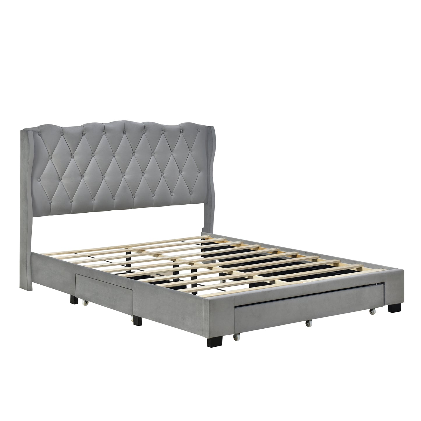 Upholstered Platform Bed with Tufted Headboard and 3 Drawers, No Box Spring Needed, Velvet Fabric, Queen Size Gray