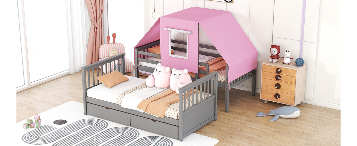 Twin Over Twin Bunk Bed Wood Bed with Tent and Drawers, Gray+Pink Tent