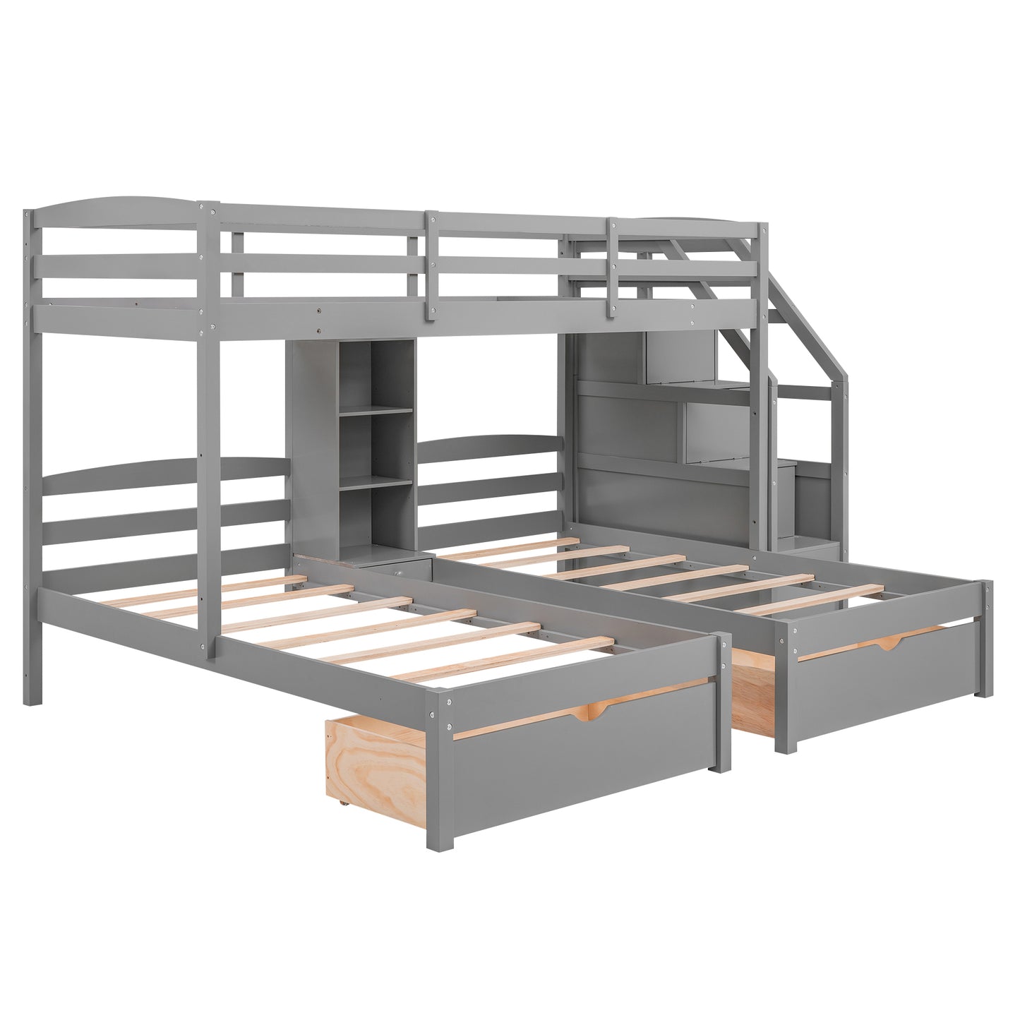 Twin over Twin&Twin Bunk Bed, Triple Bunk Bed with Drawers, Staircase with Storage, Built-in Shelves, Gray