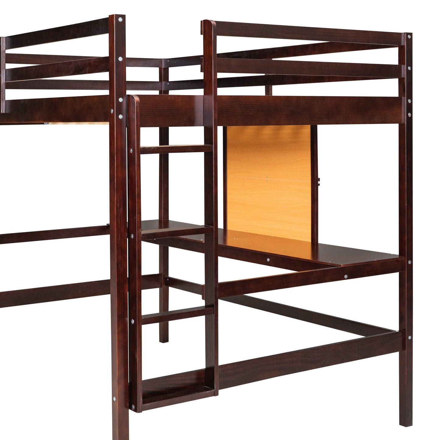 Twin size Loft Bed with Desk and Writing Board, Wooden Loft Bed with Desk & 2 Drawers Cabinet- Espresso