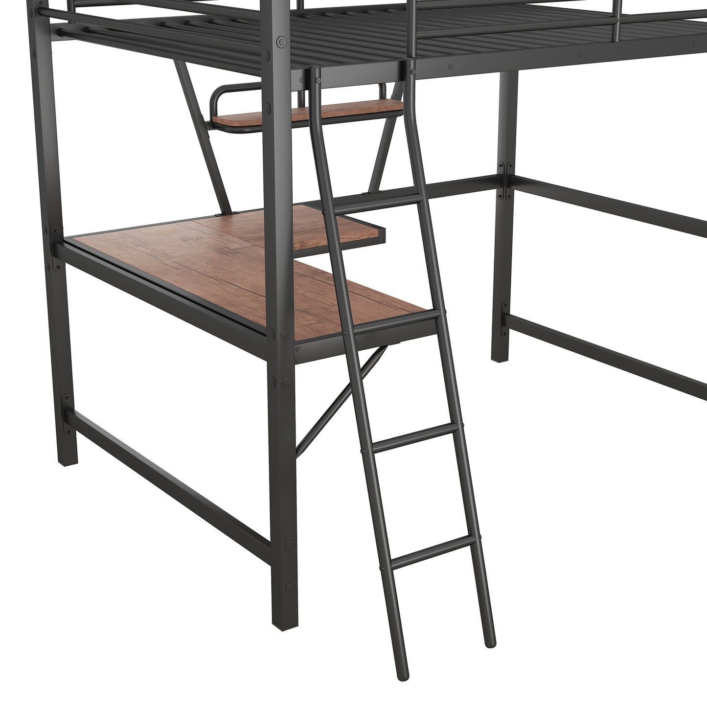 Full Size Loft Metal&MDF Bed with Desk and Shelf, Black