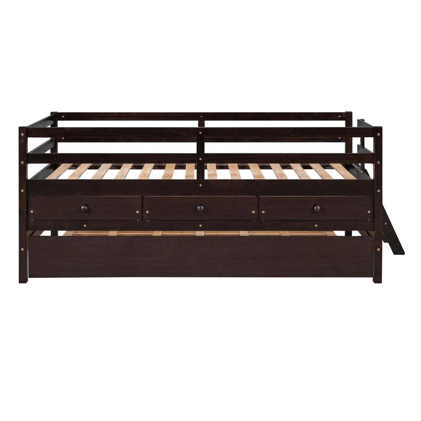 Low Loft Bed Twin Size with Full Safety Fence, Climbing ladder, Storage Drawers and Trundle Espresso Solid Wood Bed