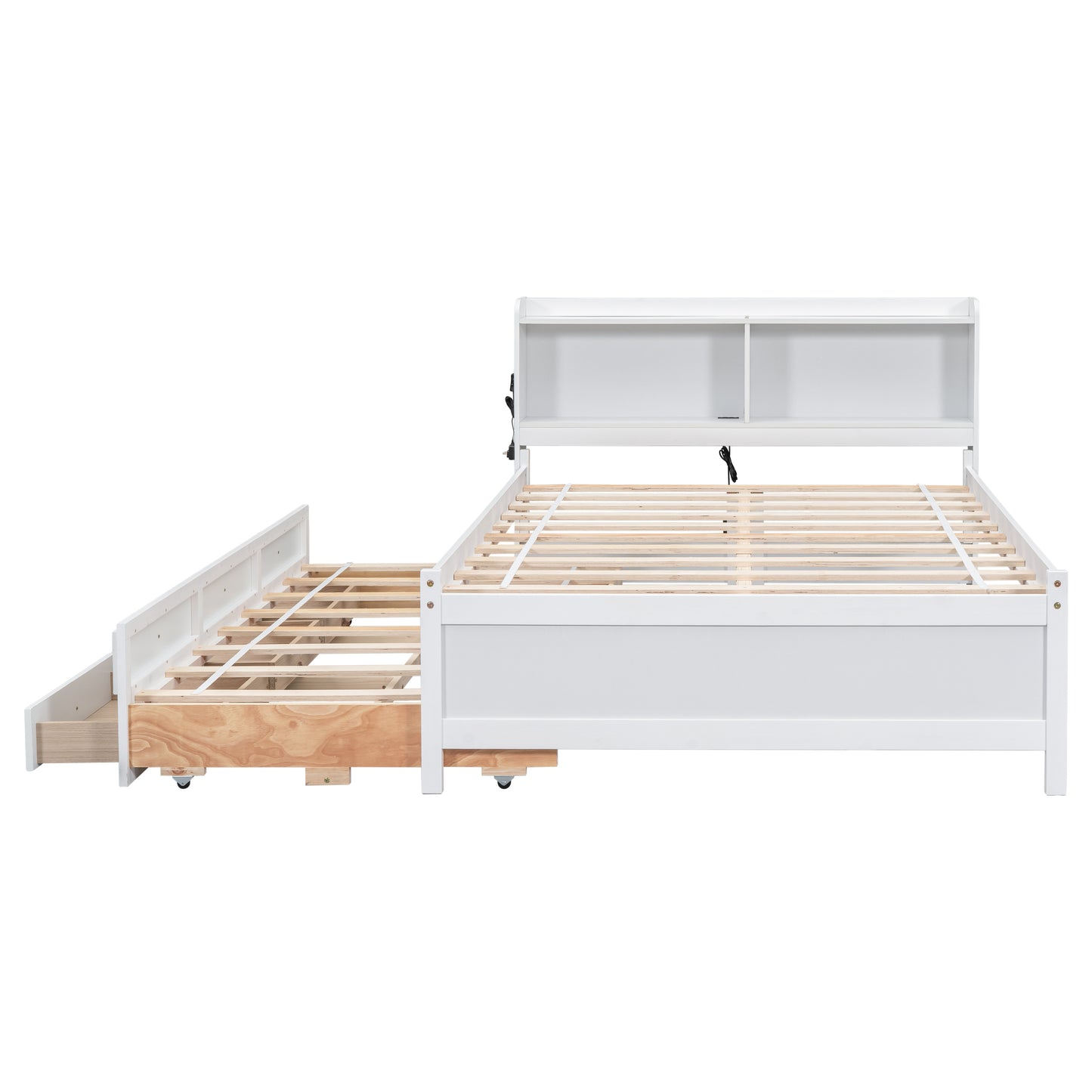 Full Size Platform Bed with USB & Type-C Ports, LED light, Bookcase Headboard, Trundle and 3 Storage Drawers - White