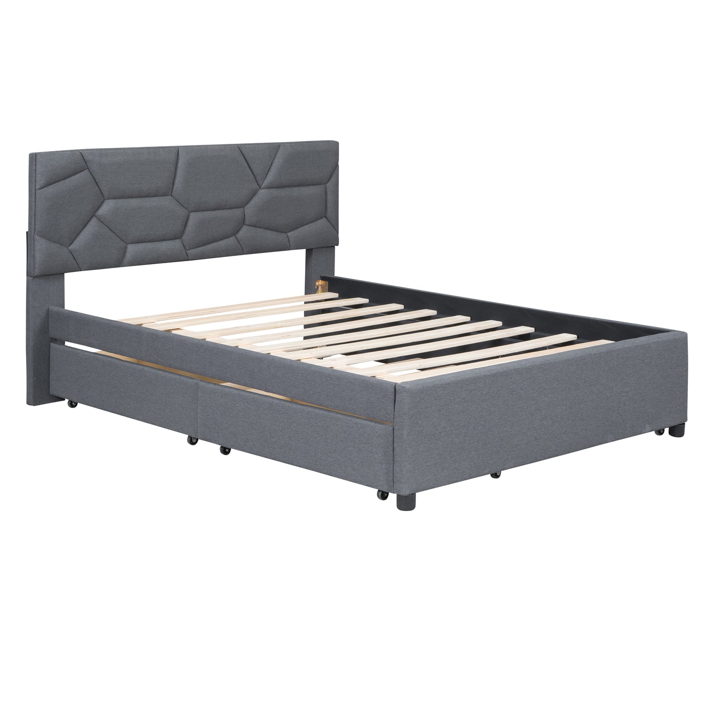 Full Size Upholstered Platform Bed with Brick Pattern Headboard, with Twin Size Trundle and 2 Drawers, Linen Fabric, Gray
