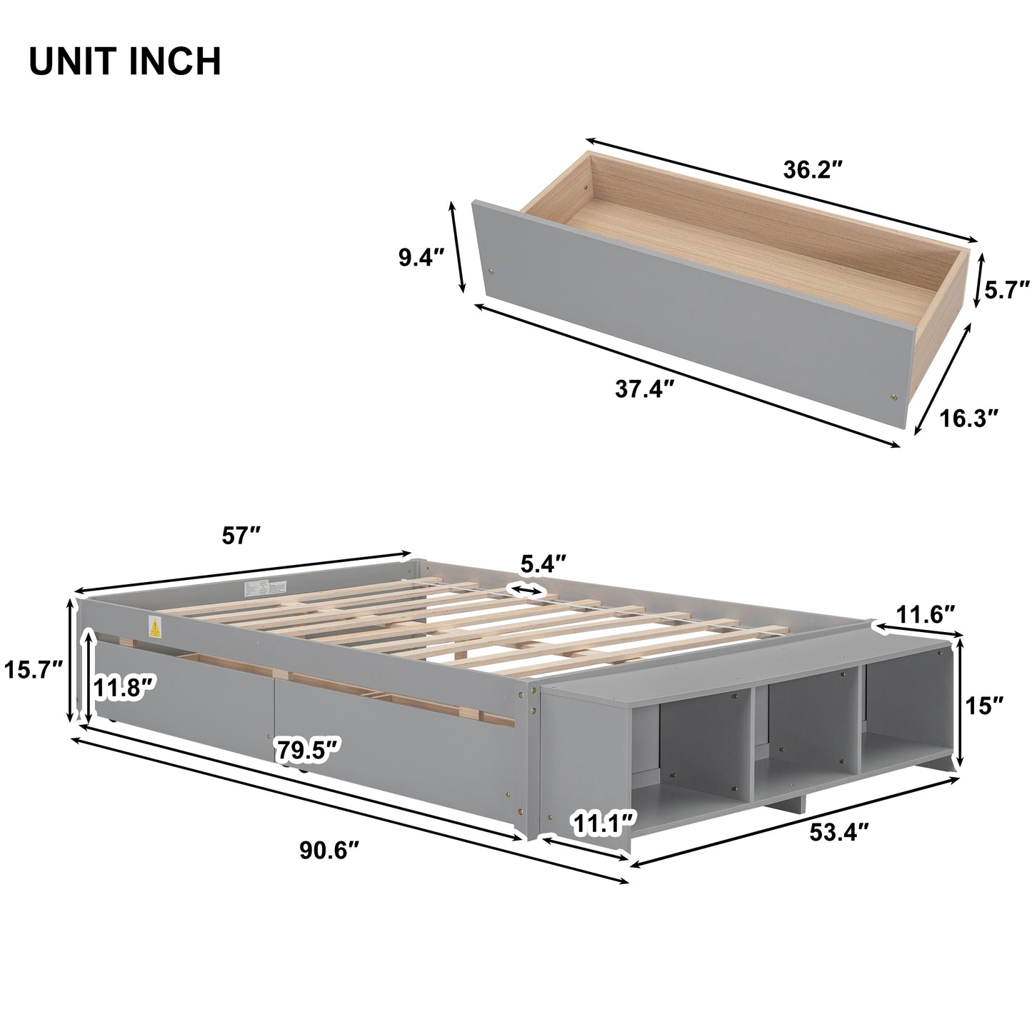 Full Size Platform Bed with Storage Case, 2 Storage drawers, Lengthwise Support Slat,Grey