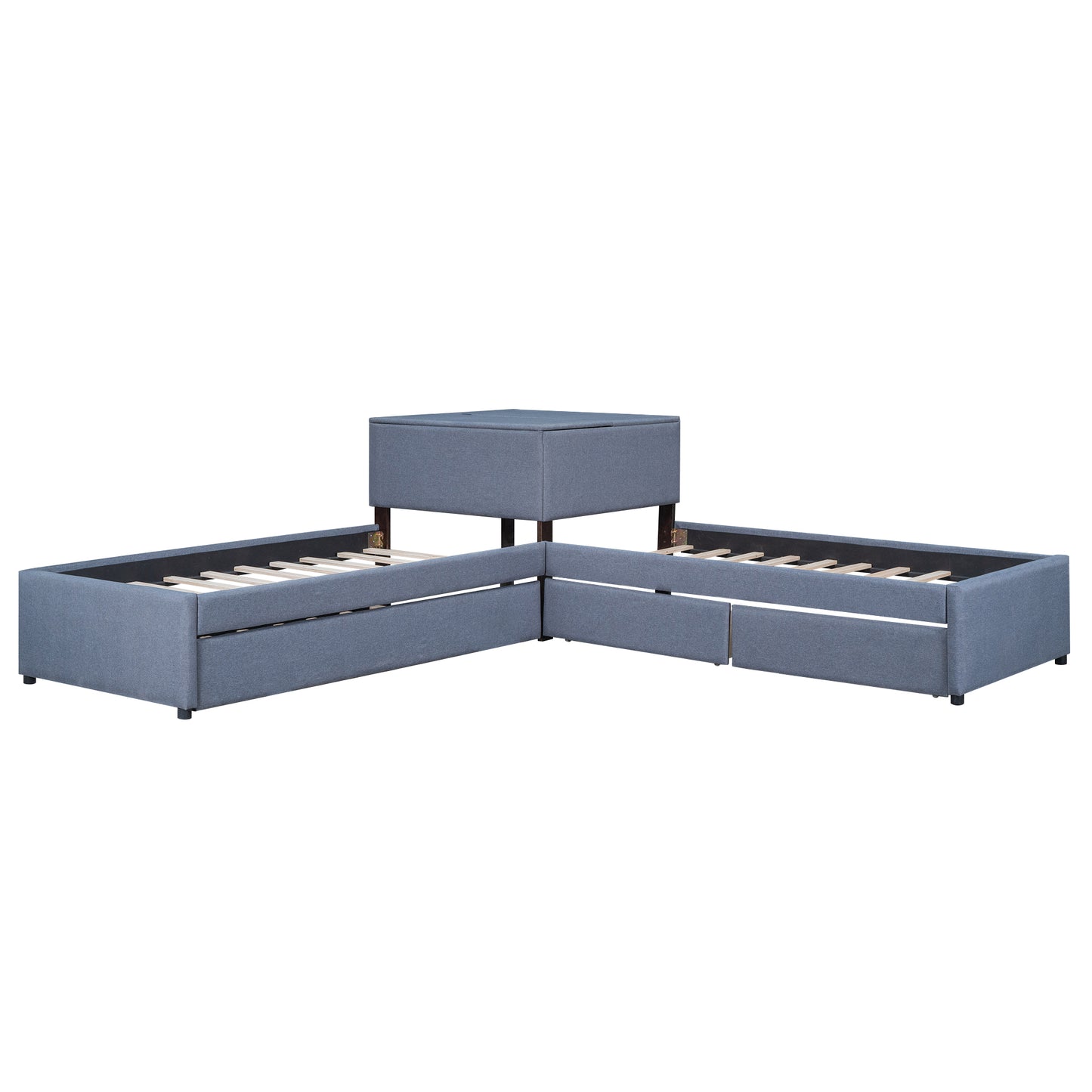 L-shaped Upholstered Platform Bed with Trundle and Two Drawers Linked with built-in Desk,Twin,Gray