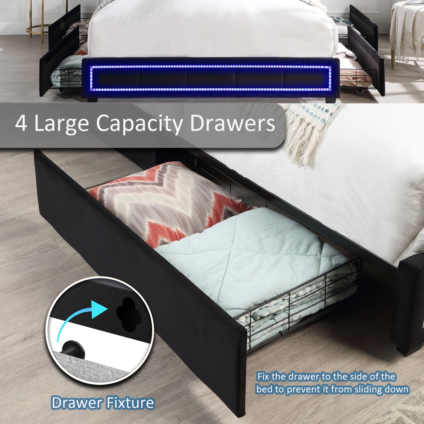 Upholstered Queen Size Platform Bed with LED Lights and USB Charging, Storage Bed with 4 Drawers, Black color fabric