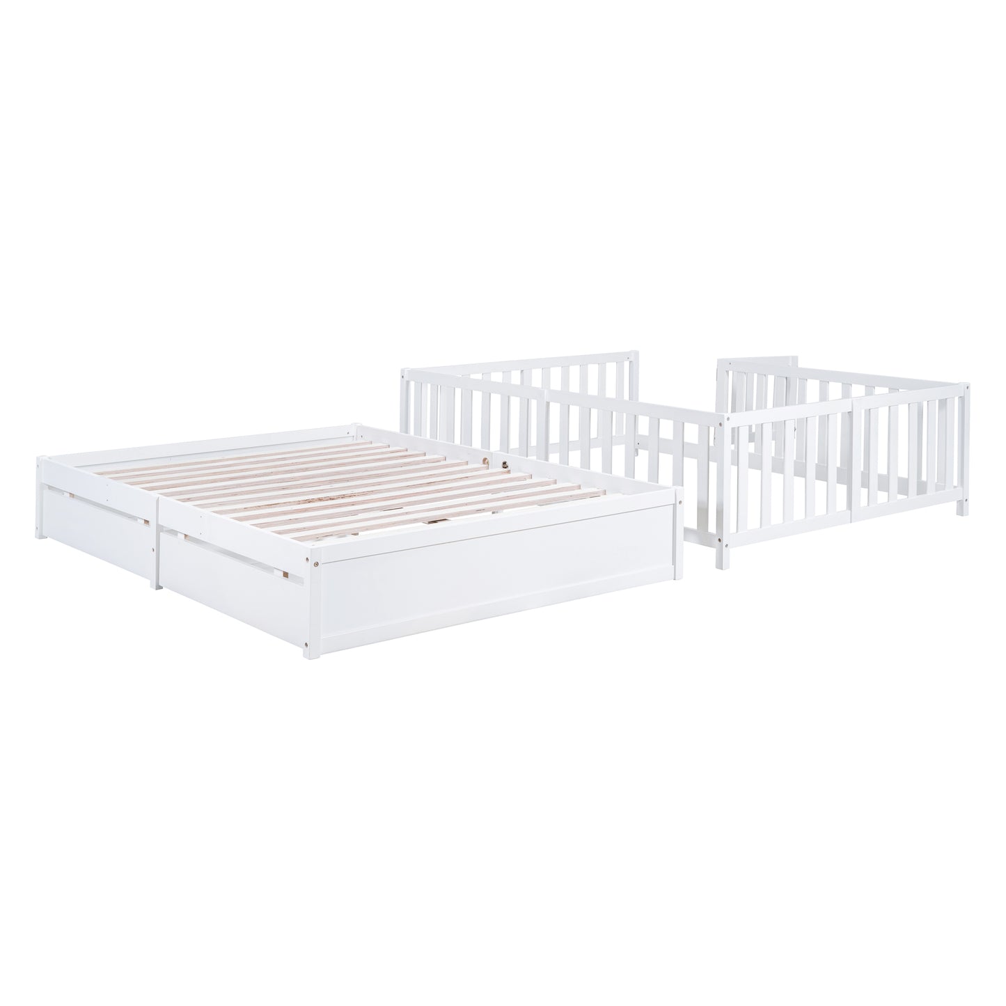 Full Size Wood Daybed with Fence Guardrails and 2 Drawers, Split into Independent Floor Bed & Daybed, White