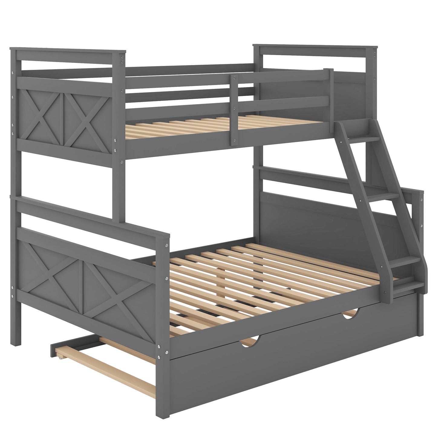 Twin over Full Bunk Bed with Ladder, Twin Size Trundle, Safety Guardrail, Gray