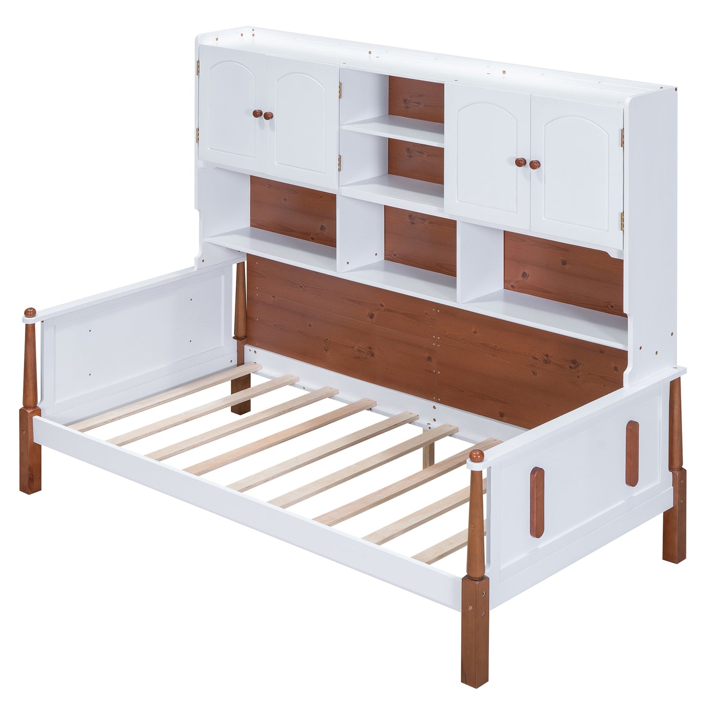 Twin Size Platform Bed with Multiple Storage, White+Walnut