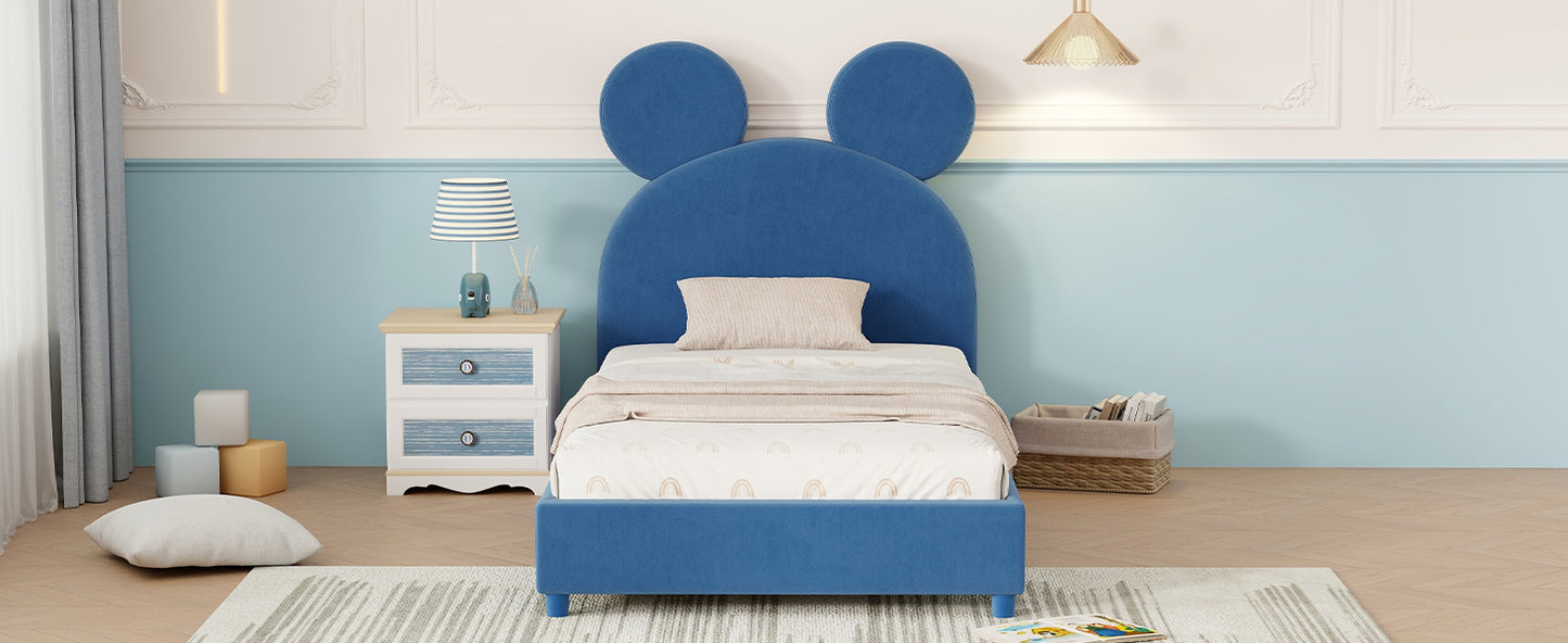 Twin Size Upholstered Platform Bed with Bear Ear Shaped Headboard, Blue