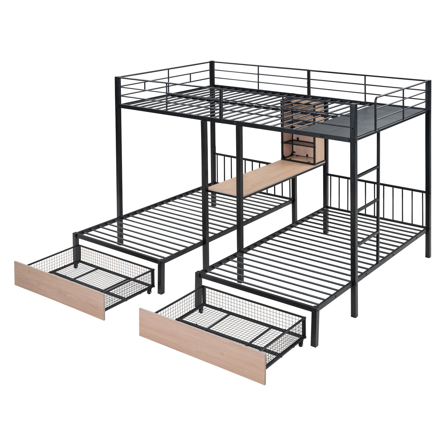 Full Over Twin & Twin Triple Bunk Bed with Drawers, Multi-functional Metal Frame Bed with desks and shelves in the middle, Black