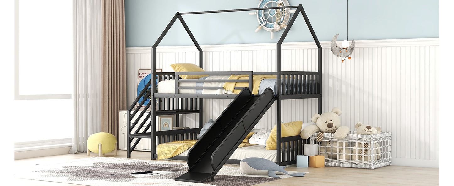 Twin Size Metal Bunk Bed House Bed with Slide and Staircase, Black