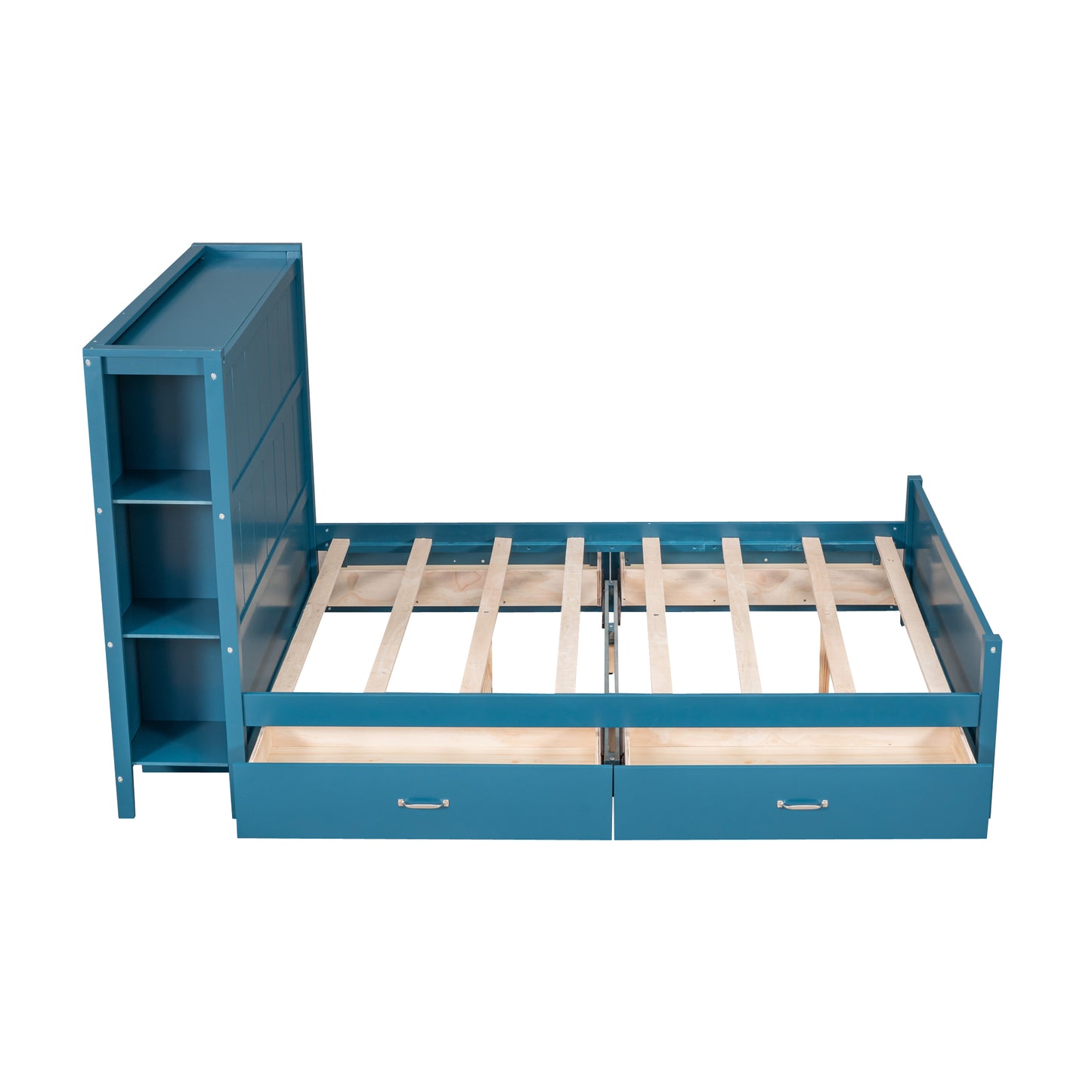 Full Size Platform Bed with Drawers and Storage Shelves, Blue