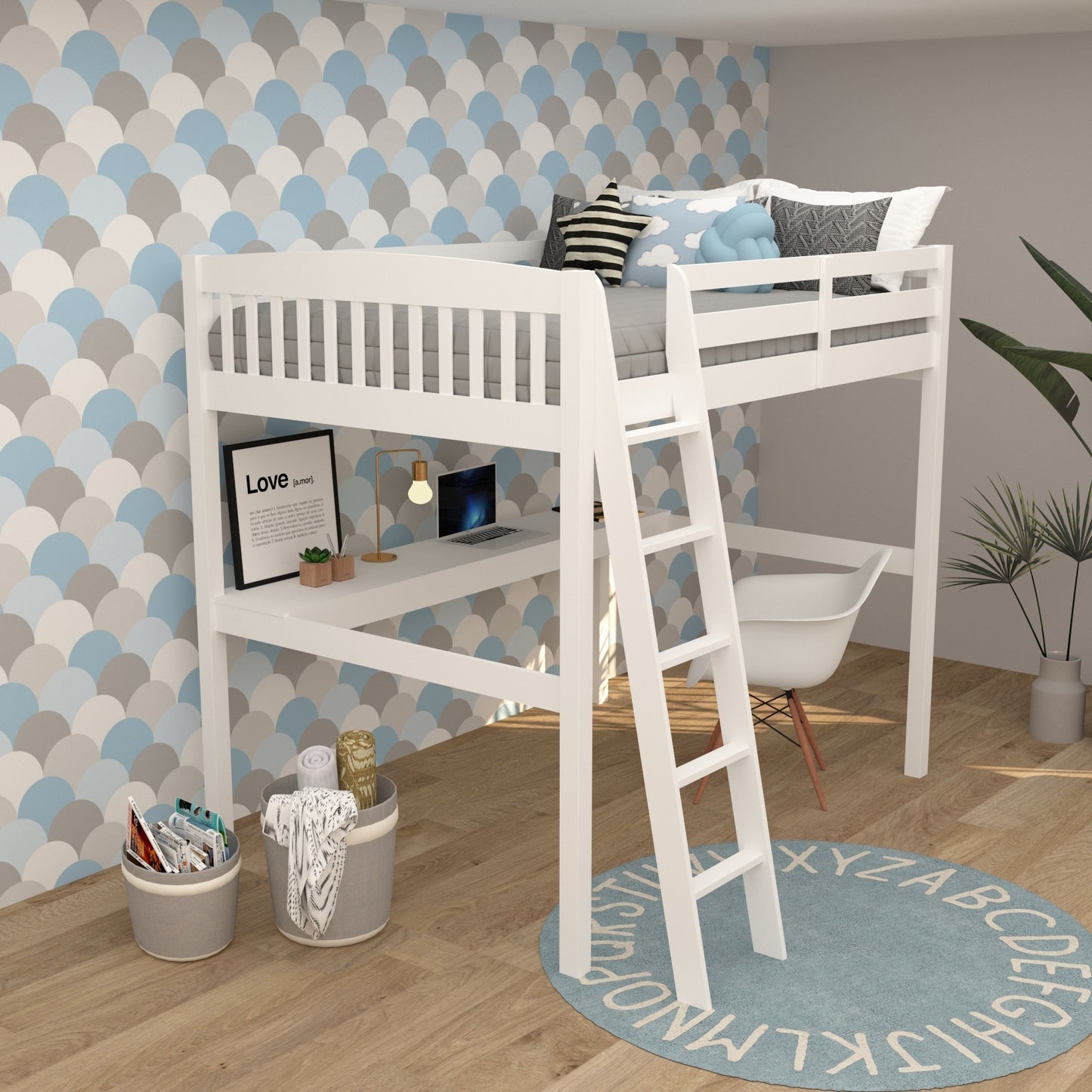 Yes4Wood Everest White High Loft Bed with Desk and Storage, Space Saver Full Size Kids Loft Bed with Stairs for Toddlers Assembled in Sturdy Solid Wood, No Box Spring Needed