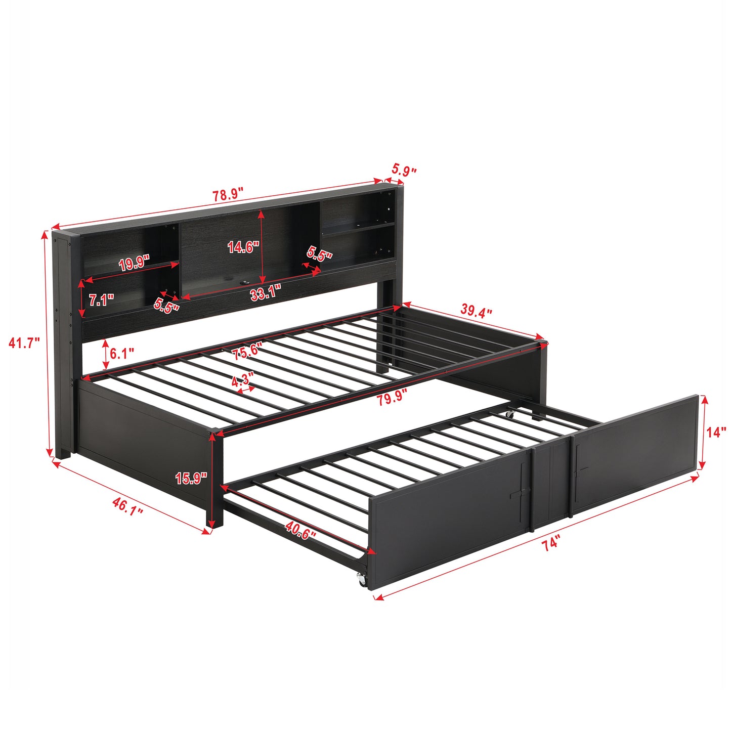 Metal Twin Size Daybed with Twin Size Trundle, Storage Shelves and USB Ports, Black