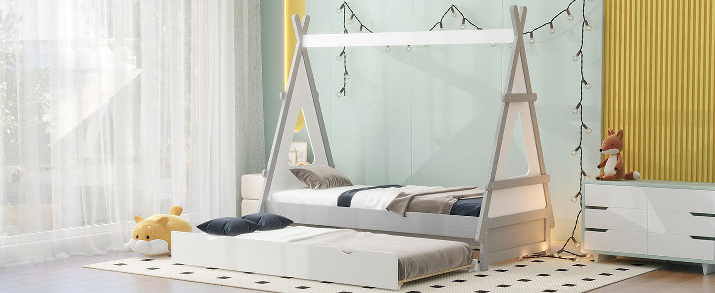 Twin Size Tent Floor Platform Bed with Pull-out Twin Size Trundle, White