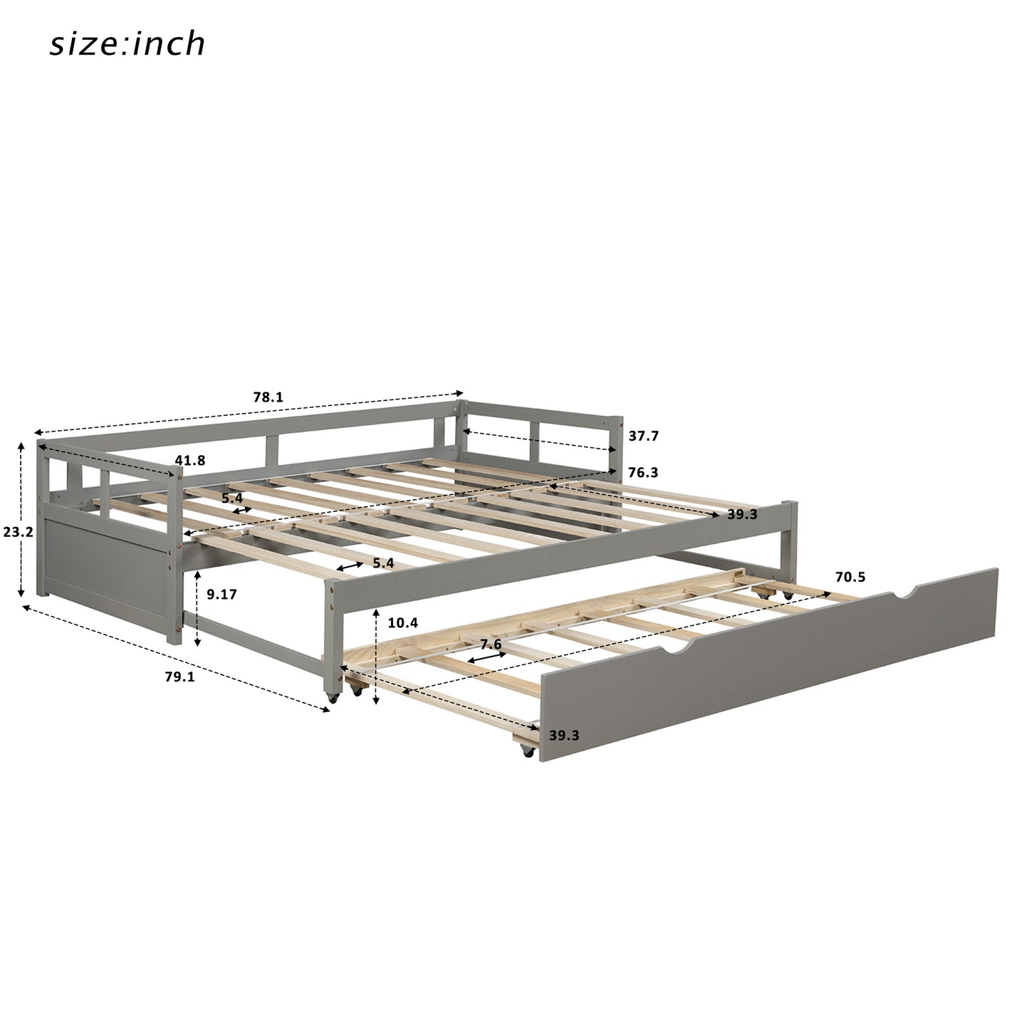 Twin Gray Wood Daybed with Twin Trundle, Extends to King Size, Gray