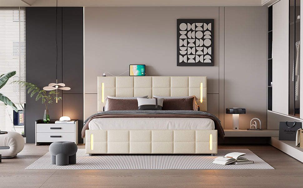 Queen Size Upholstered Platform Bed with Hydraulic Storage System and LED Light, Beige