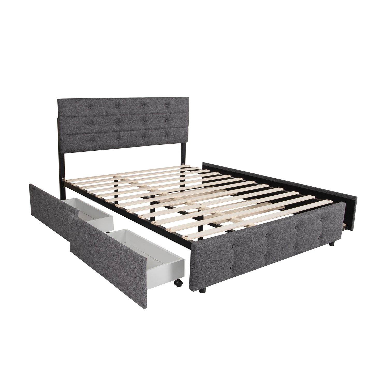 Queen Size Upholstered Platform Bed with Trundle and 2 drawers, Grey