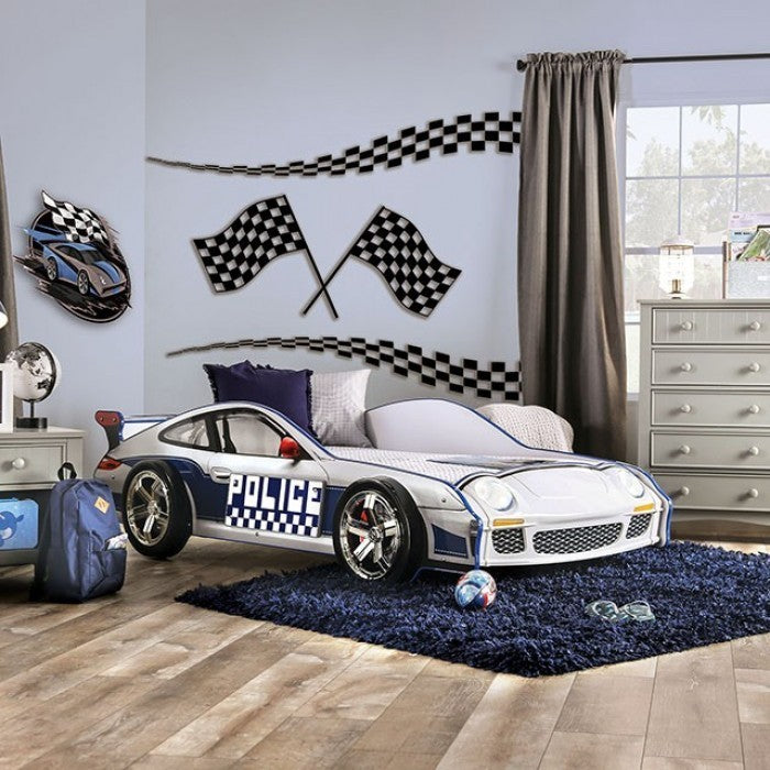 Twin Platform Bed, Race Car Design - Blue