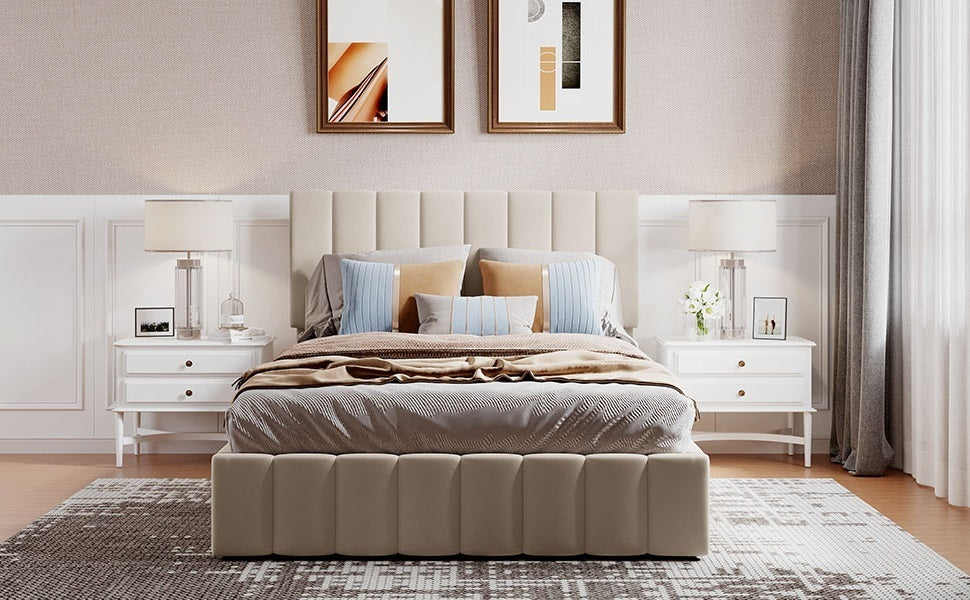 Full size Upholstered Platform bed with a Hydraulic Storage System - Beige