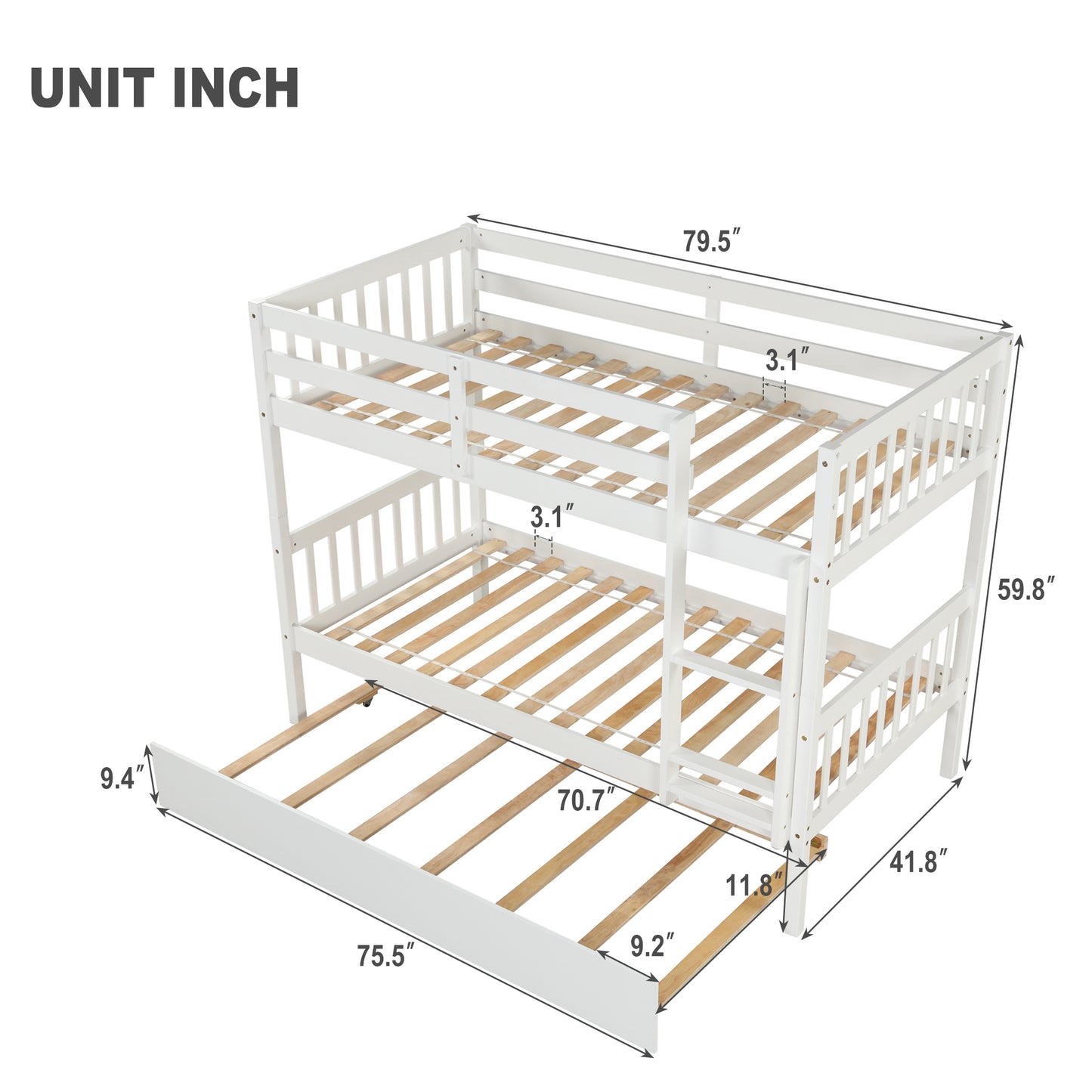Twin Over Twin Bunk Beds with Trundle, Solid Wood Trundle Bed Frame with Safety Rail and Ladder, Kids/Teens Bedroom, Guest Room Furniture, Can Be converted into 2 Beds, White