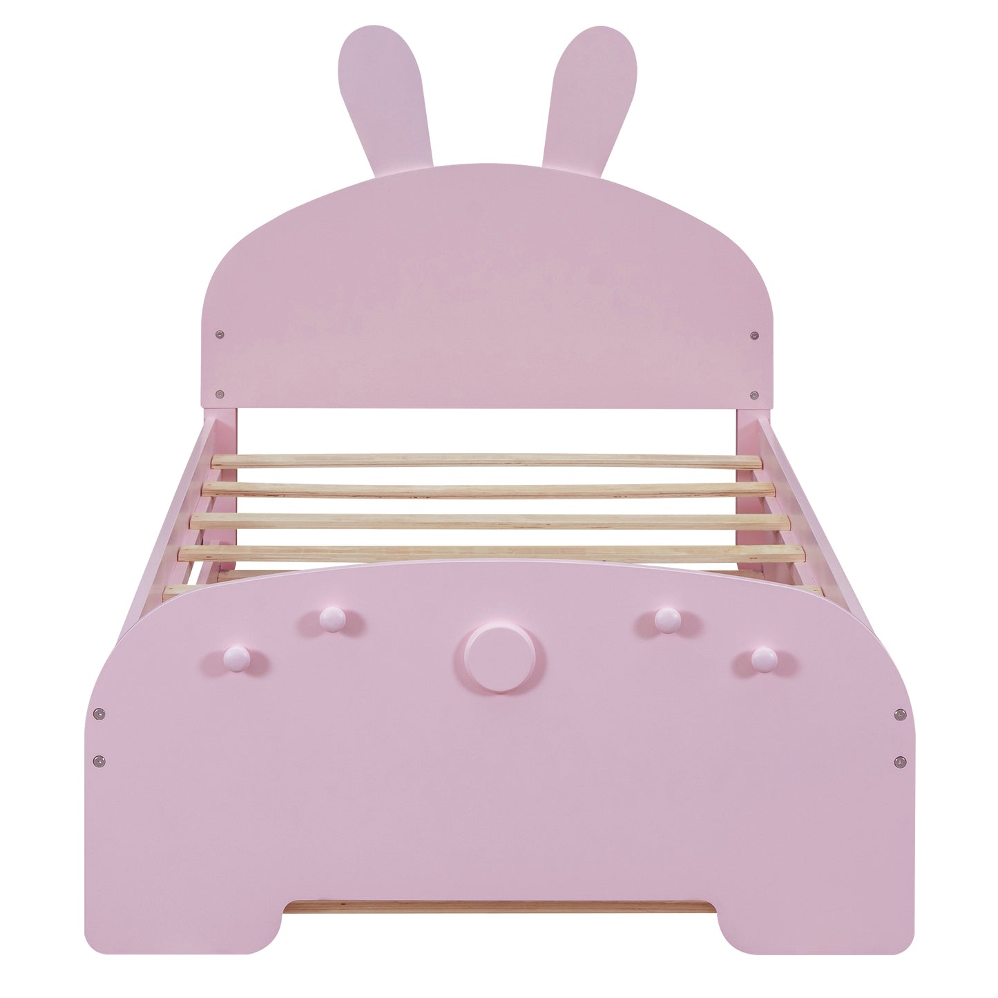 Wood Twin Size Platform Bed with Cartoon Ears Shaped Headboard and Trundle, Pink