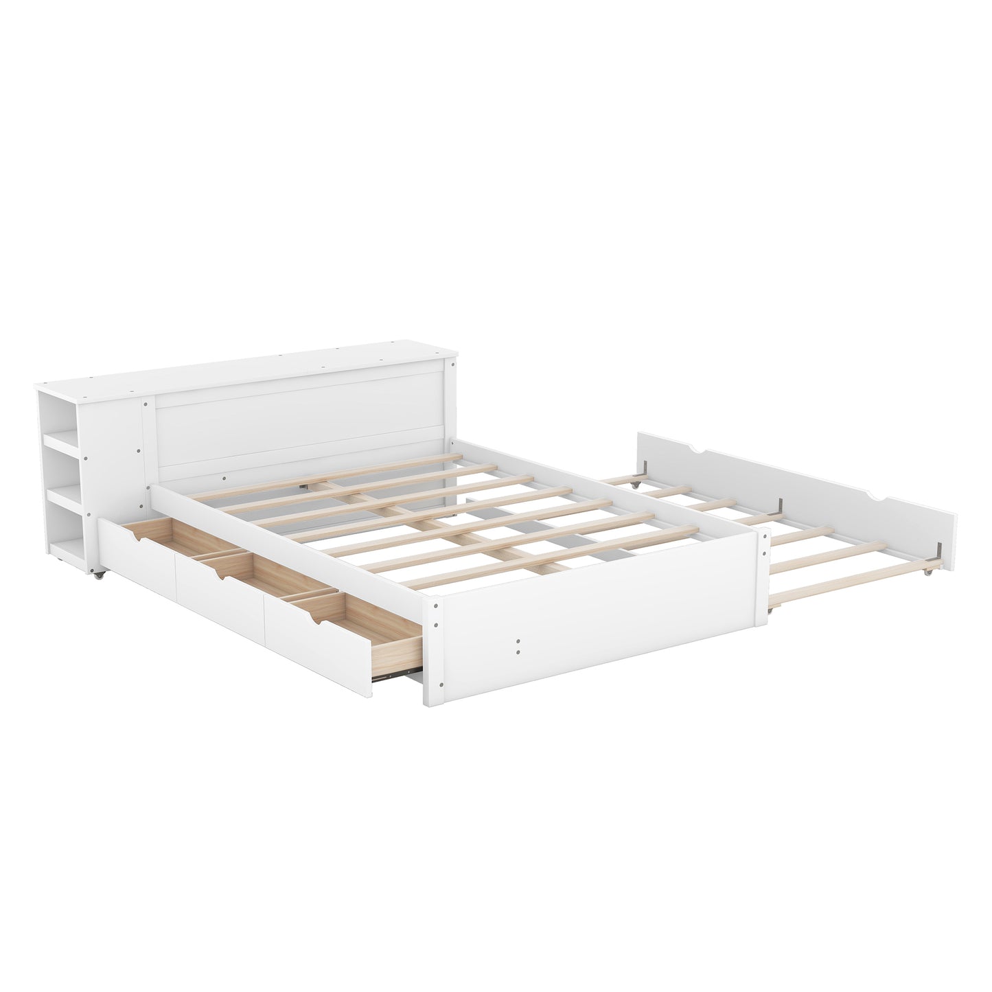 Full Size Platform Bed With a Rolling Shelf, White