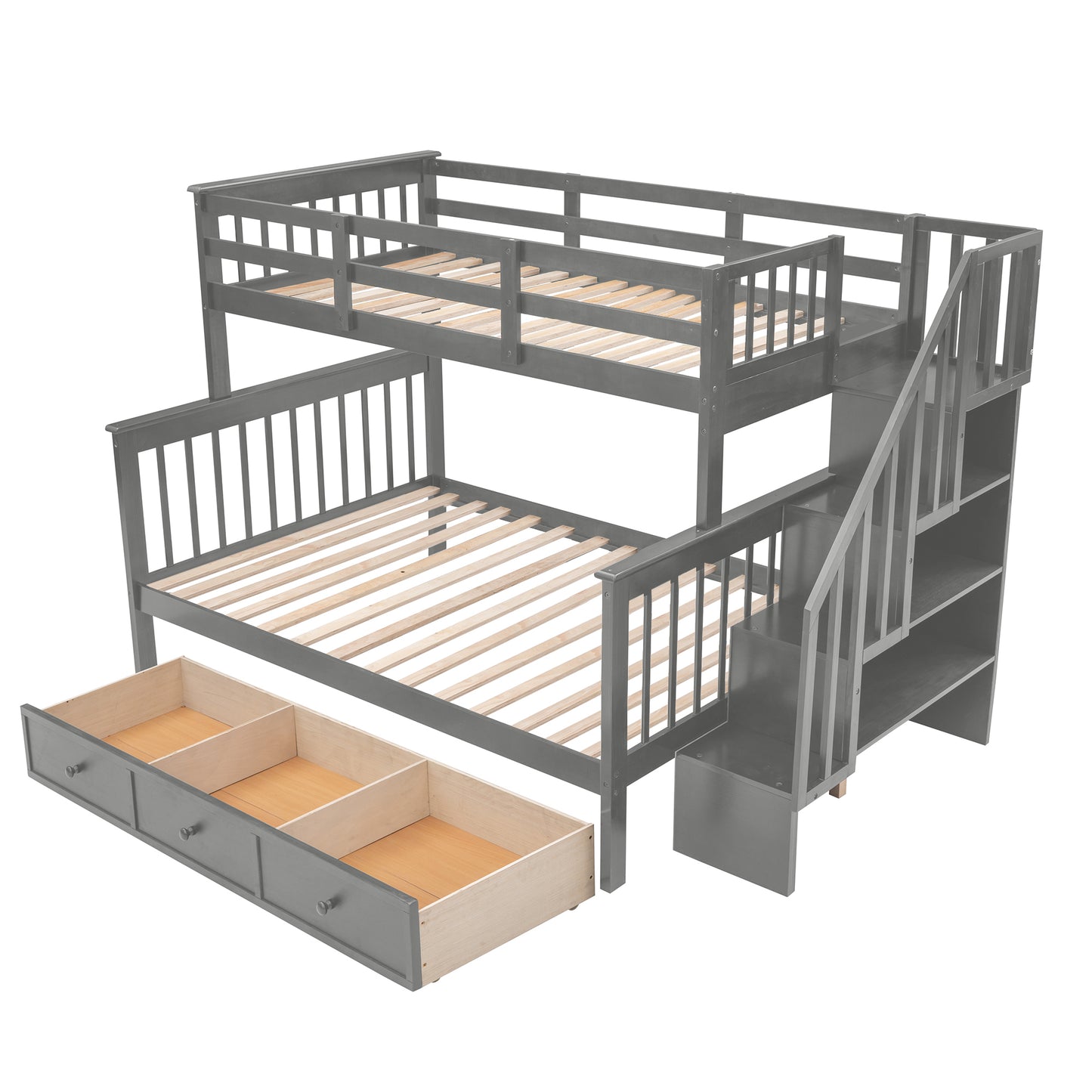 Stairway Twin-Over-Full Bunk Bed with Drawer, Storage and Guard Rail for Bedroom, Dorm, for Adults, Gray color