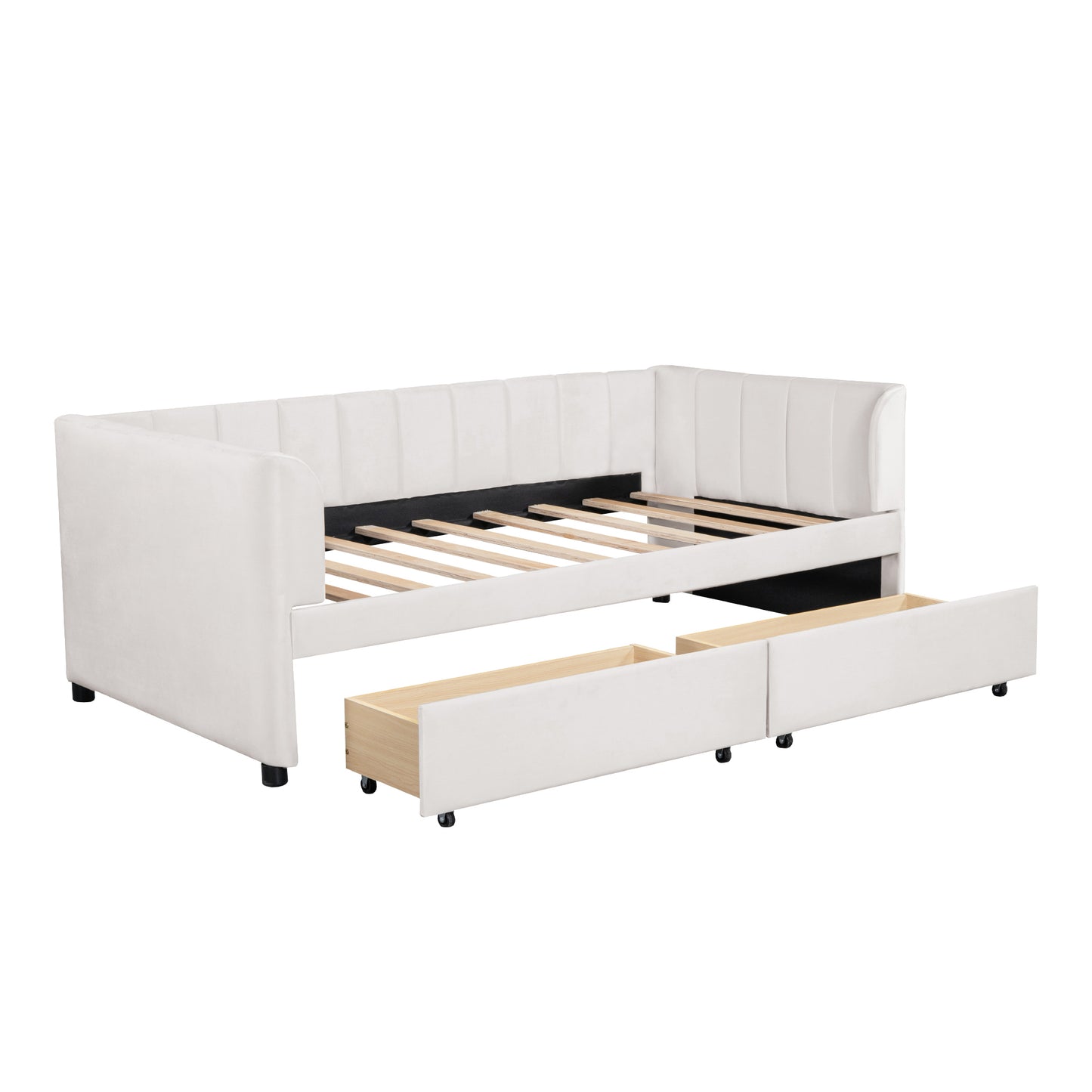 Twin Size Upholstered Daybed with Ergonomic Design Backrest and 2 Drawers, Beige